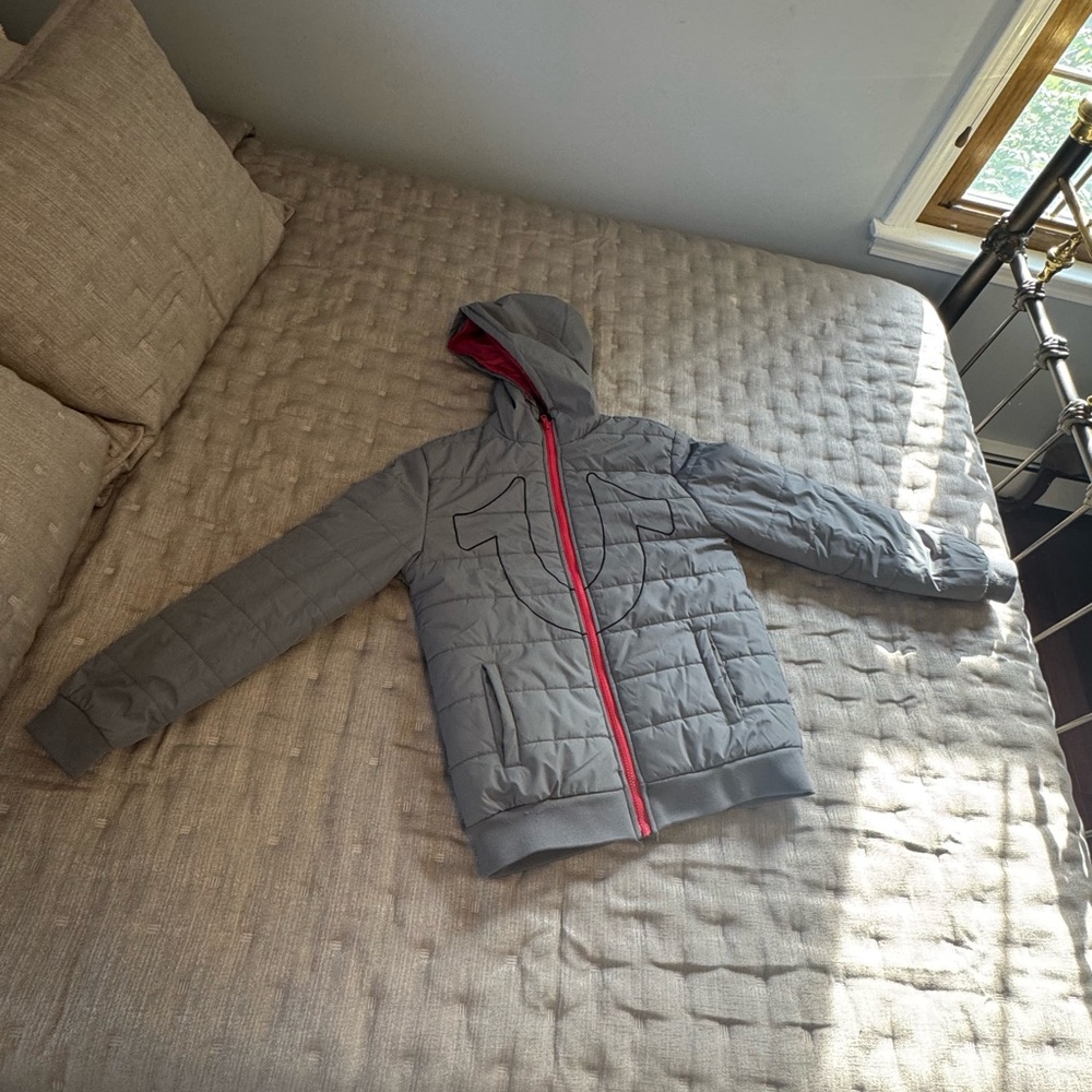 True Religion Gray Puffer Jacket with Red Accents